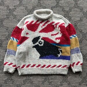 Vintage Caribou Sweater Womens XL Multicolor Chunky Hand Knit Roll Neck Arcylic